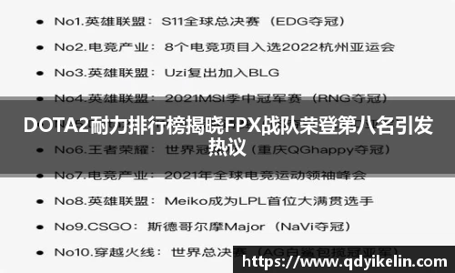 DOTA2耐力排行榜揭晓FPX战队荣登第八名引发热议